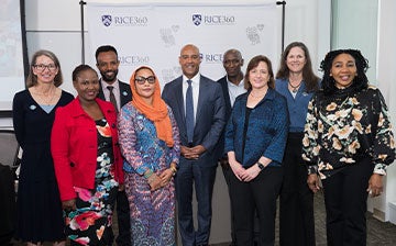Rebecca Richards-Kortum (from left), Dr. Msandeni Chiume, Abiy Seifu Estifanos, Dr. Nahya Salim, Reginald DesRoches, Dr. William Macharia, Amy Dittmar, Maria Oden and Prof. Chinyere Ezeaka 