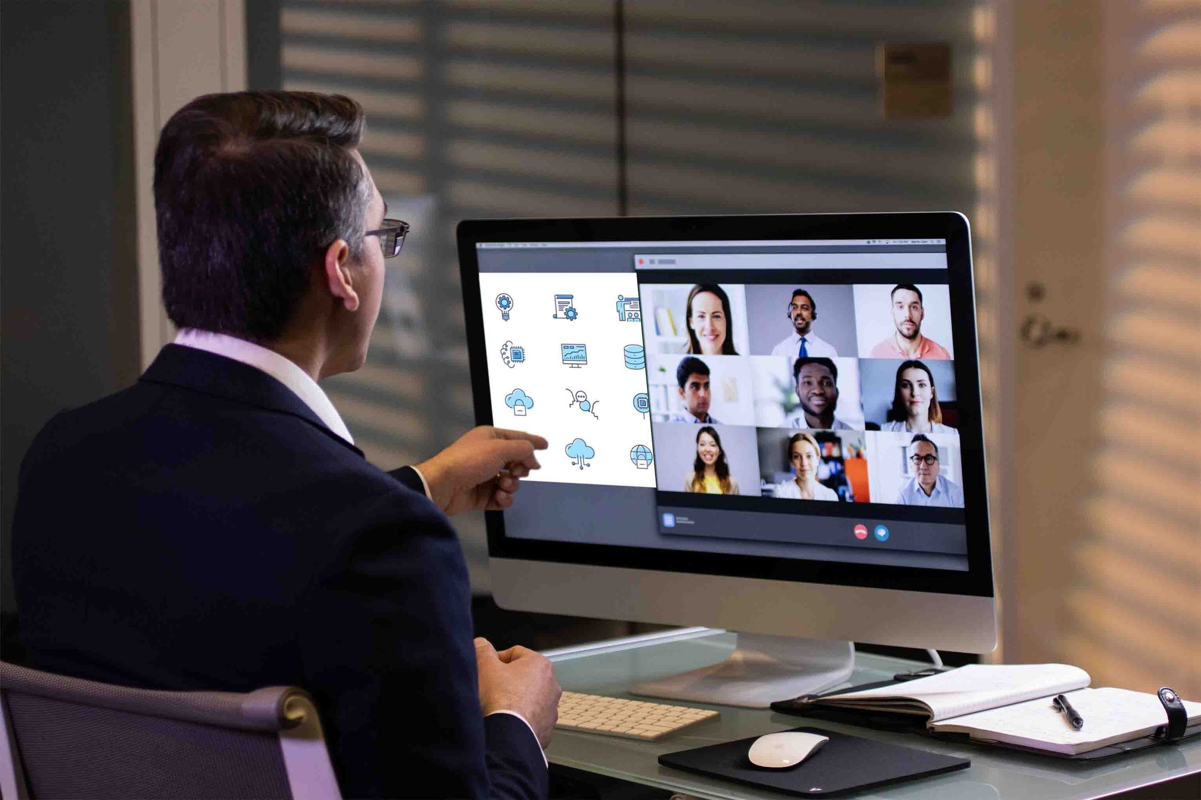 a professor on a video chat with his students