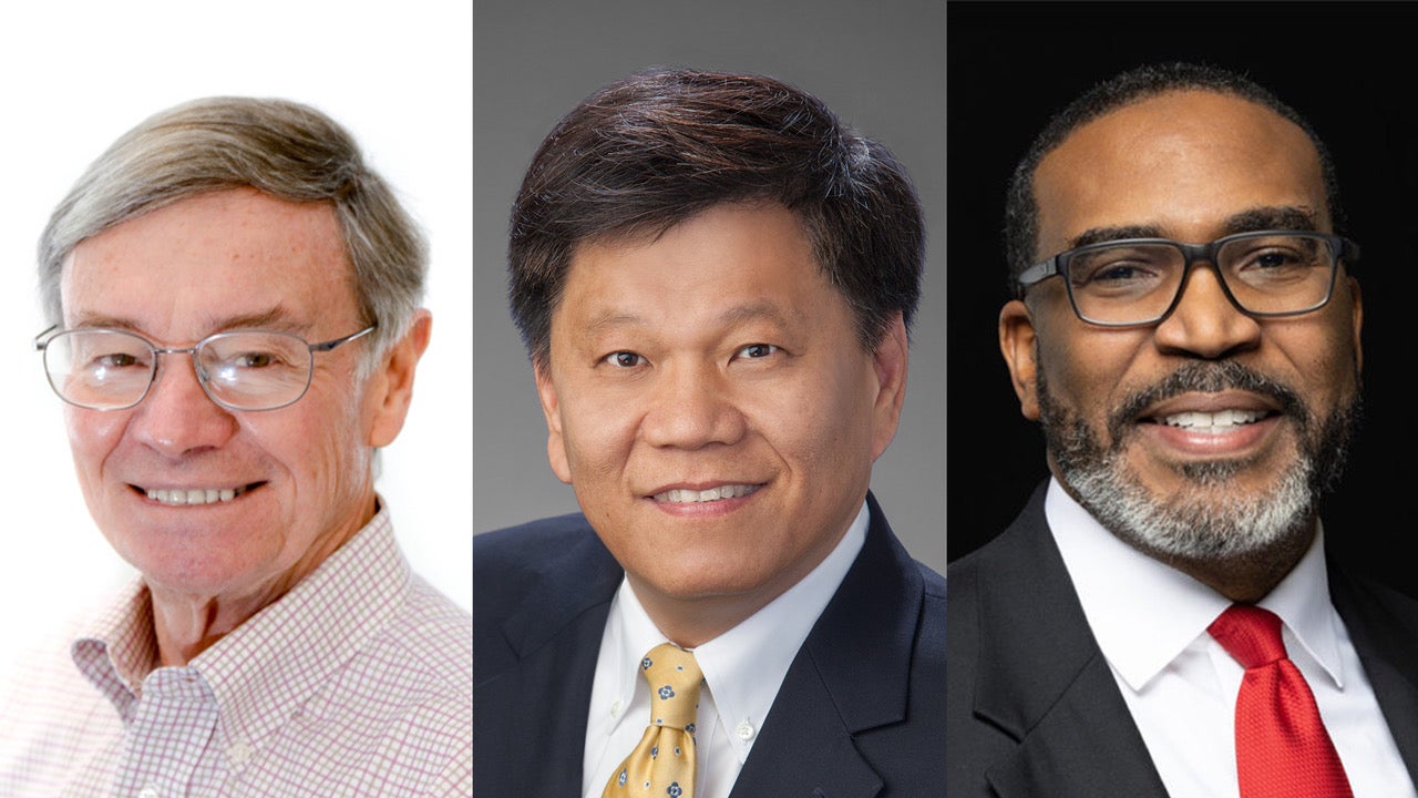 Three headshots of SOEC alums who are named 2025 Rice Laureate Awardees 
