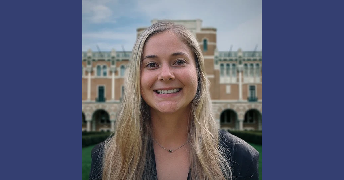 Headshot of Sara Denison with Rice University building in the background.