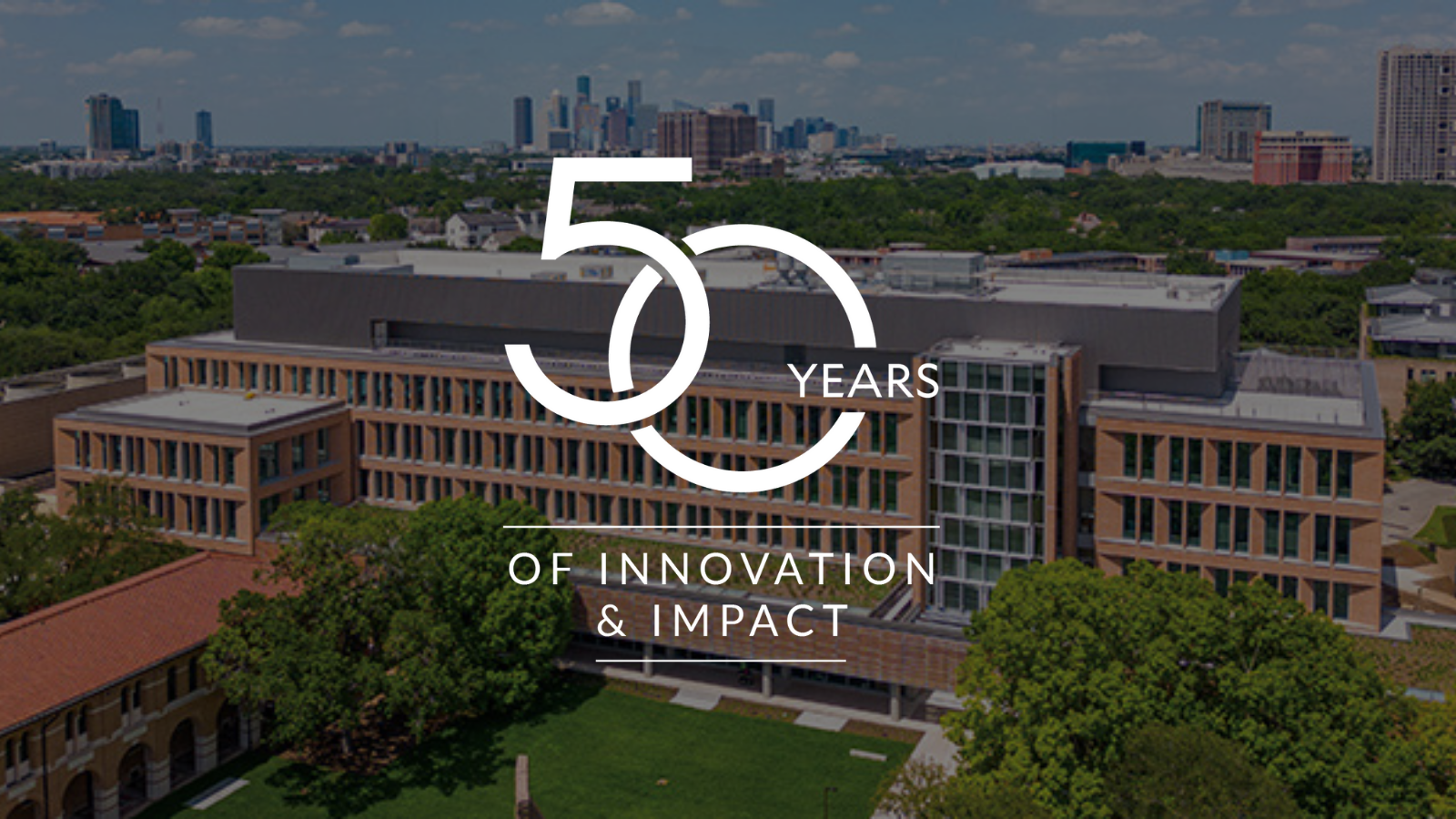 O'Connor building drone view with 50th anniversary logo