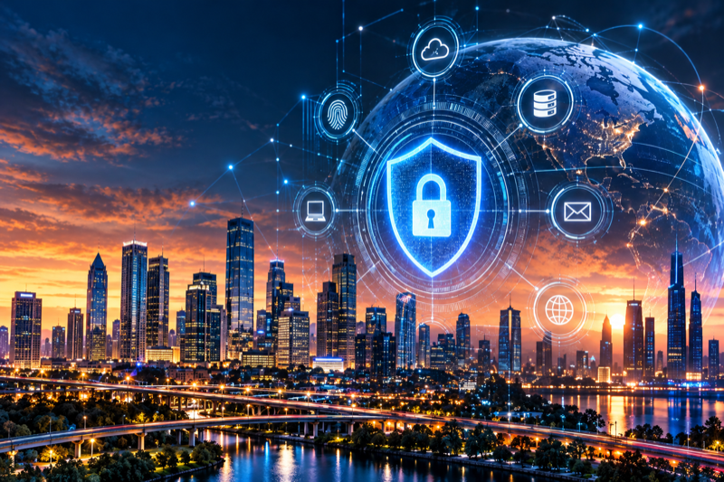 Cybersecurity overlays above a city