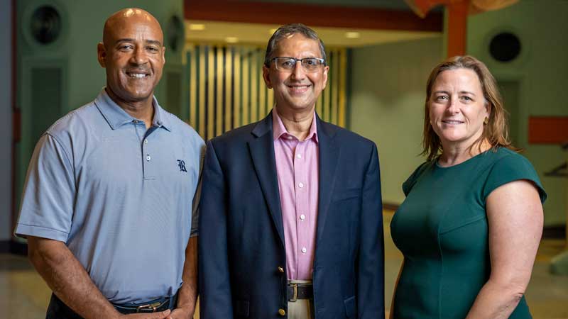 Reginald DesRoches, Rahul Mehta and Amy Dittmar standing side by side looking at camera