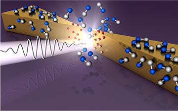 Artistic illustration of a plasmonic bowtie nanostructure absorbing light and driving a chemical reaction when molecules interact with hot carriers at the surface of the particles.