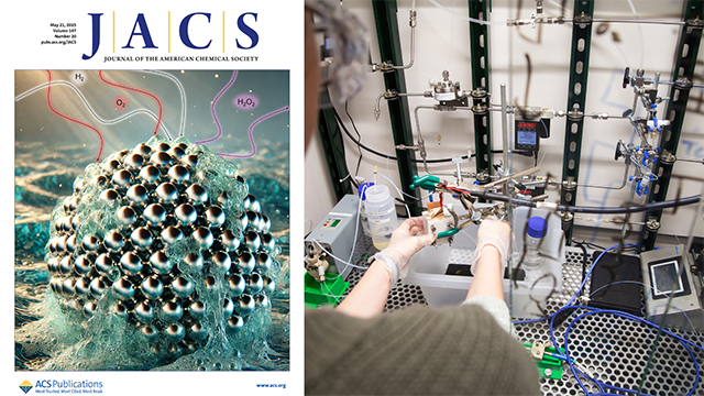 The cover of March 2025 JACS issue is juxtaposed next to an image of a lab member working on a reactor used to catalyze H2O2.