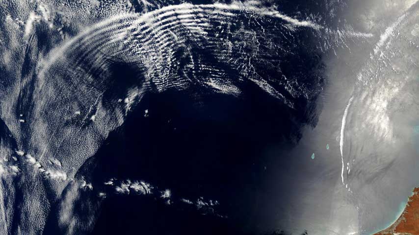 Gravity waves overlap over Australia in this NASA satellite image. Defining how atmospheric gravity waves influence weather and climate is the topic of a new study funded by the National Science Foundation. Photo courtesy of NASA/Visible Earth